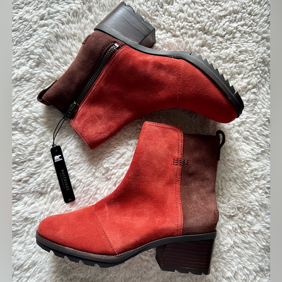 Sorel Cate Waterproof Suede Block Heel Bootie Red - Picture 5 of 13